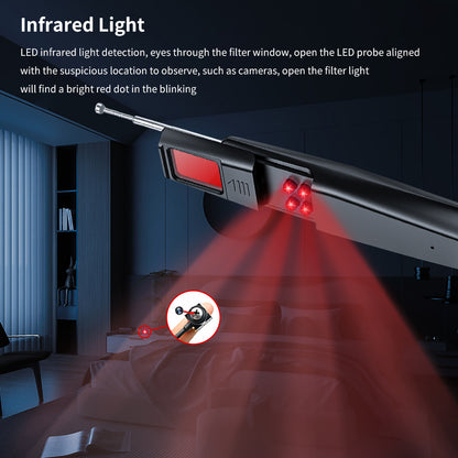 Infrared light scanning through the specialized filter window to reveal hidden camera lenses as bright red dots.