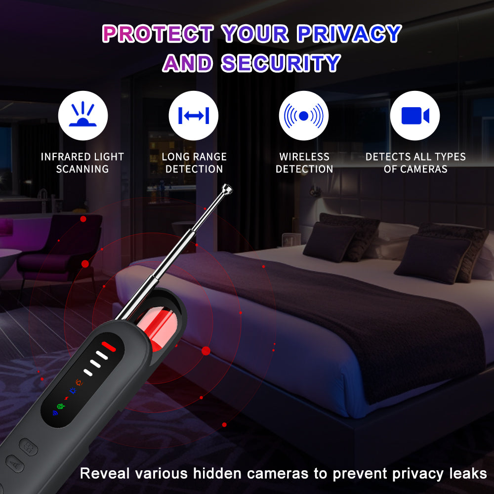 Infrared light scanning and long-range wireless detection tool to reveal hidden cameras and prevent privacy leaks.