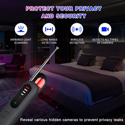 Infrared light scanning and long-range wireless detection tool to reveal hidden cameras and prevent privacy leaks.