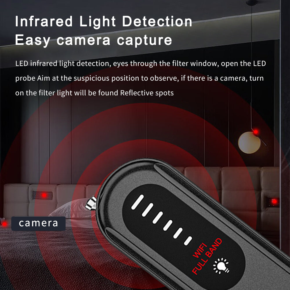 Using the LED infrared light detection to find hidden camera reflective spots in a hotel bedroom.