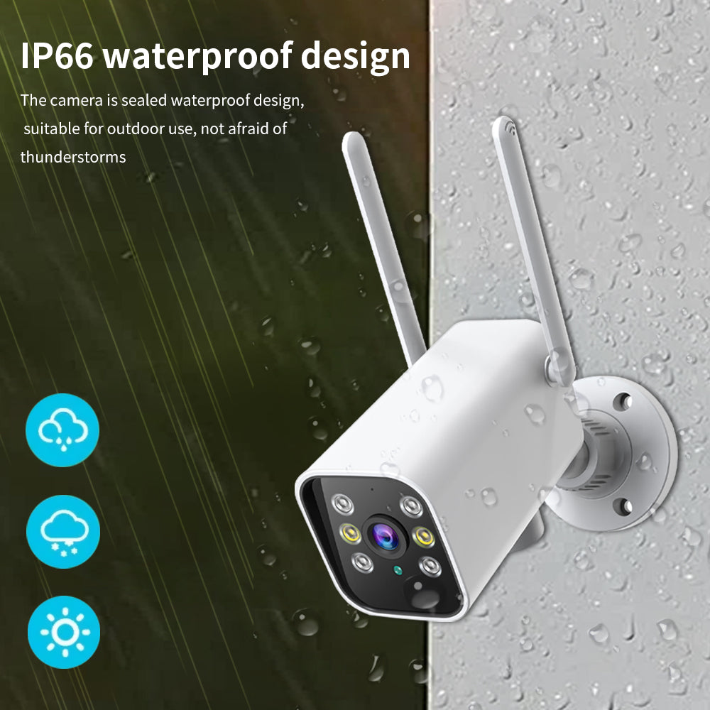 Close-up of an IP66-rated waterproof security camera operating reliably during a rainstorm for year-round outdoor protection.