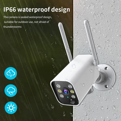 Close-up of an IP66-rated waterproof security camera operating reliably during a rainstorm for year-round outdoor protection.