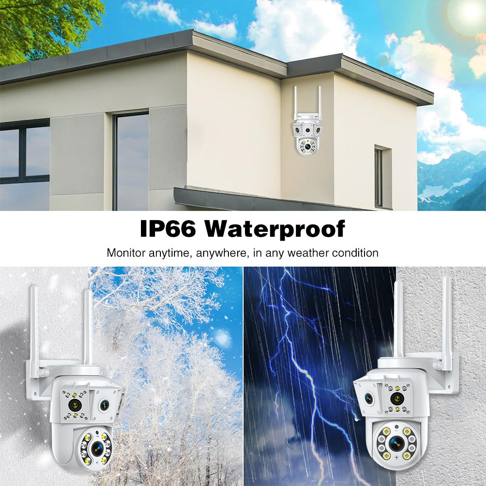 Tactical Outland security camera operating in extreme weather conditions including rain, snow, and sun.