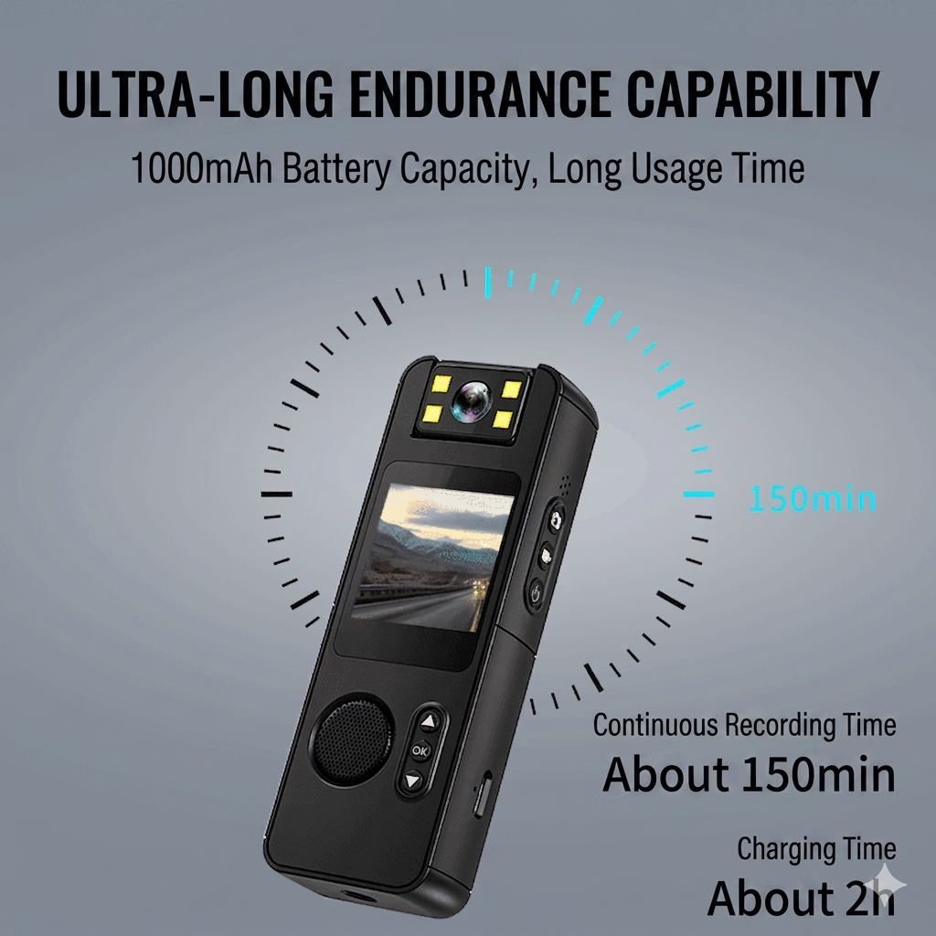 Graphic showing 150 minutes of continuous recording time and a quick 2-hour charge for the Tactical Outland Pro Body Cam.