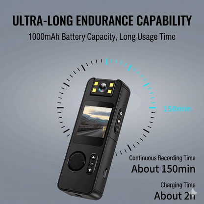 Graphic showing 150 minutes of continuous recording time and a quick 2-hour charge for the Tactical Outland Pro Body Cam.