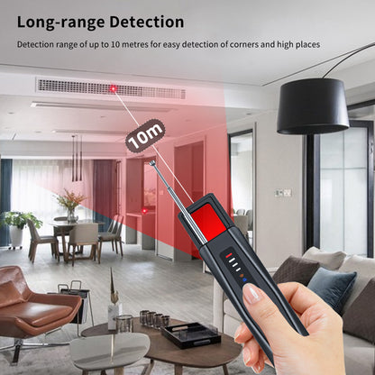 Scanning a living room with a 10-meter long-range infrared detector to find hidden lenses in high places and corners.