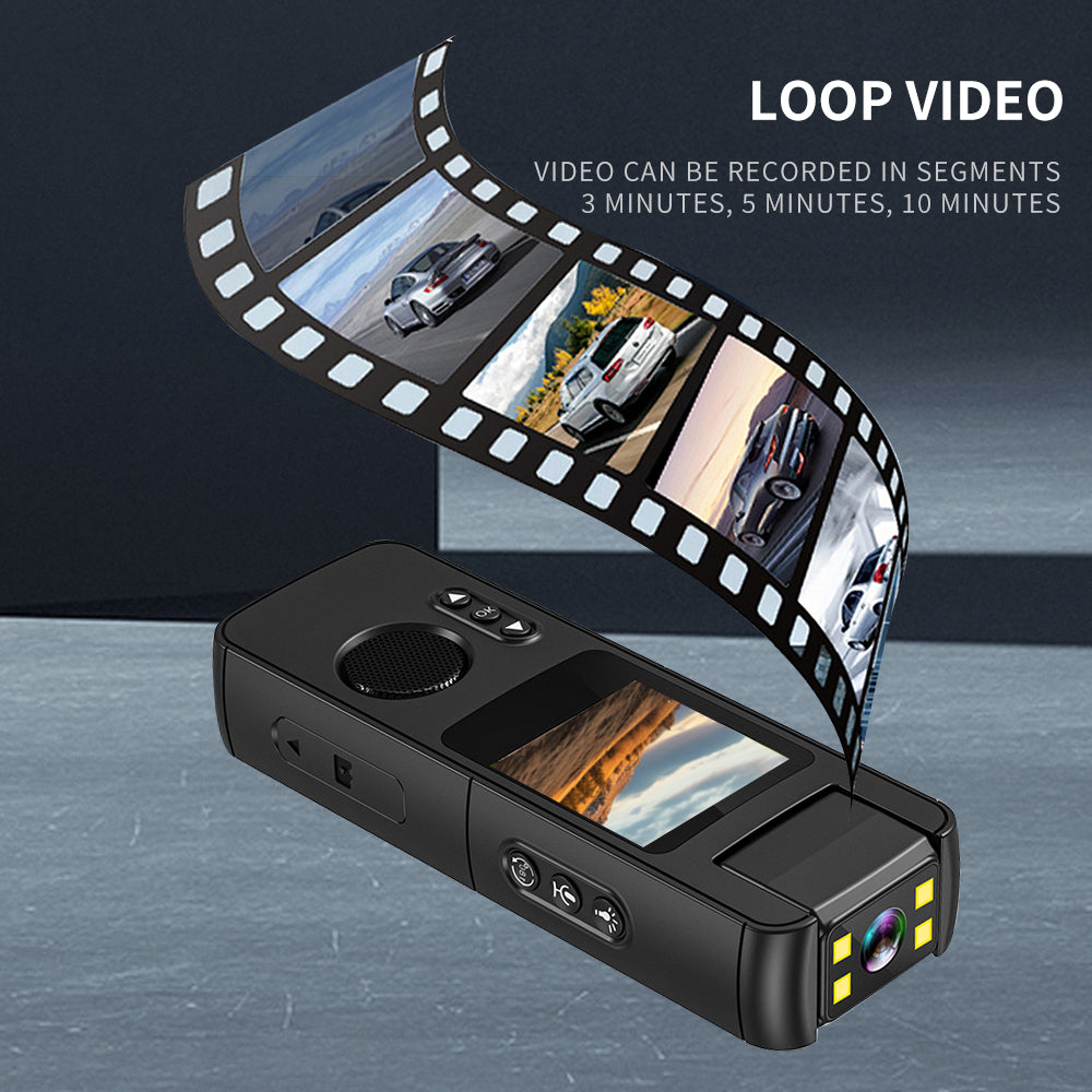Illustration of the loop recording feature, showing video segments of 3, 5, and 10 minutes for efficient storage on the portable body camera.