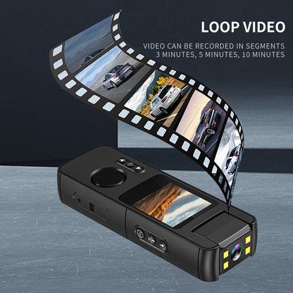 Illustration of the loop recording feature, showing video segments of 3, 5, and 10 minutes for efficient storage on the portable body camera.