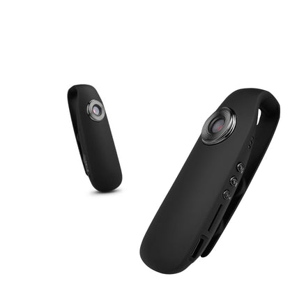 Side and front views of the black magnetic body camera showcasing the sleek profile and easy-access side control buttons.