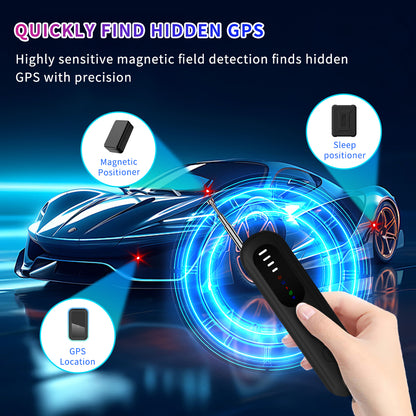 Highly sensitive magnetic field detector finding hidden GPS trackers and magnetic positioners on a vehicle.