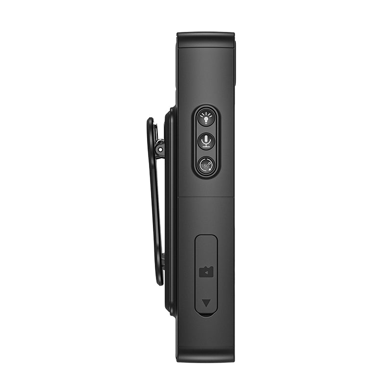 Side profile of mini body cam highlighting microphone and night vision control buttons.