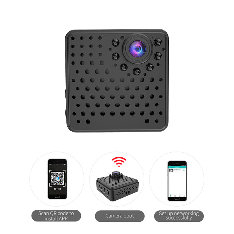 Three-step guide for connecting the mini hidden camera to a smartphone app using a QR code.