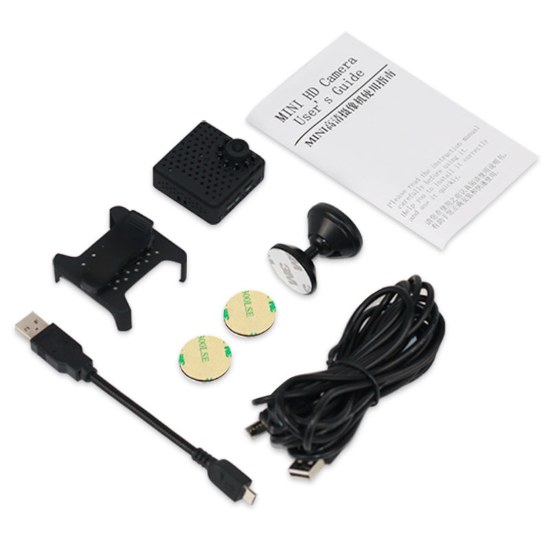 Tactical Outland Pro Mini WiFi Camera full package including cables, magnetic mounts, 3M stickers, and user manual.
