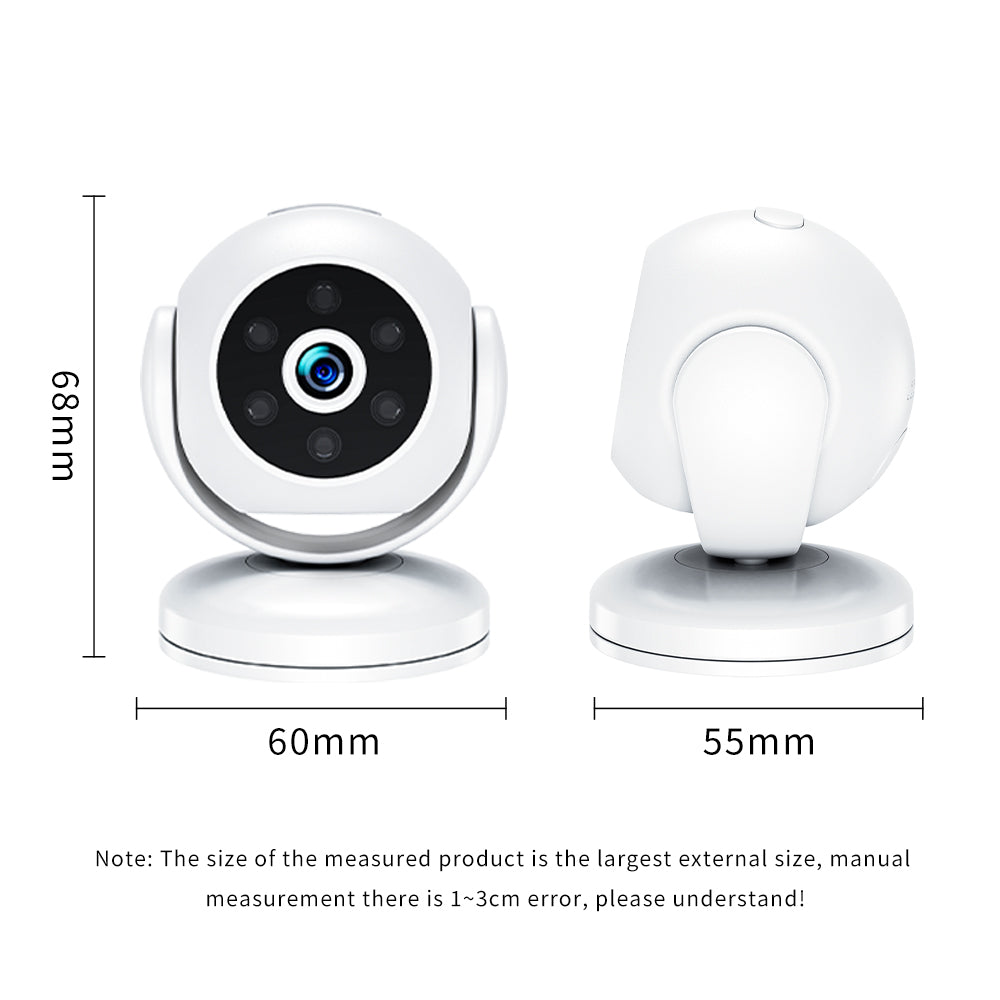 Size specifications and dimensions of the compact 1080P smart WiFi security camera.