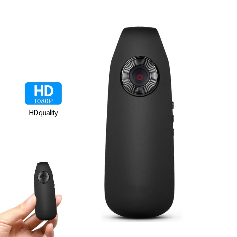 Size comparison showing the compact and portable design of the 1080p mini security camera being held between two fingers.