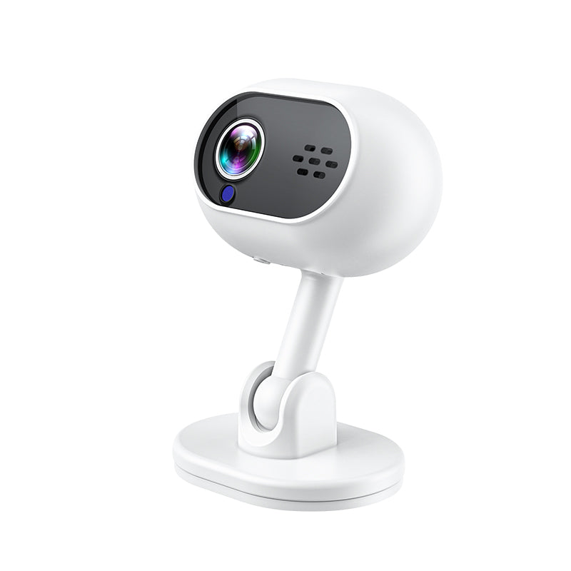 Mini WiFi security camera in white with adjustable stand and wide-angle lens.
