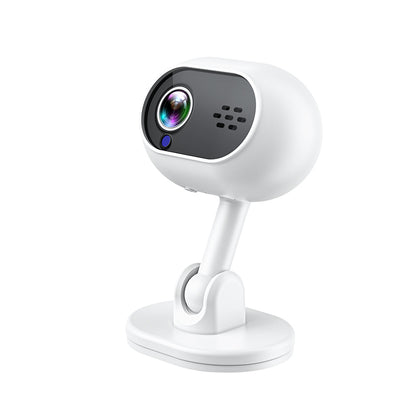 Mini WiFi security camera in white with adjustable stand and wide-angle lens.