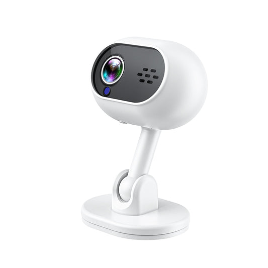 Mini WiFi security camera in white with adjustable stand and wide-angle lens.