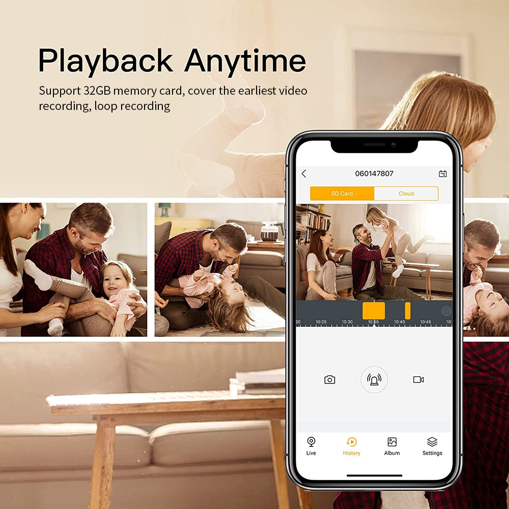 Smartphone screen displaying the camera's video playback history and cloud storage interface.