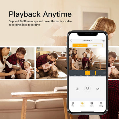 Smartphone screen displaying the camera's video playback history and cloud storage interface.