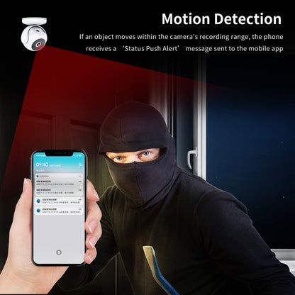 Real-time motion detection push alerts on smartphone with high-definition camera feed.