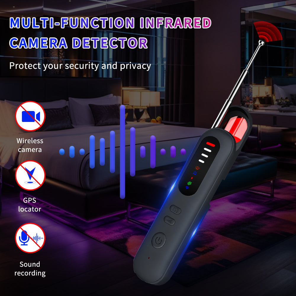 Multi-function infrared camera detector for wireless cameras, GPS locators, and sound recording devices in a hotel room.