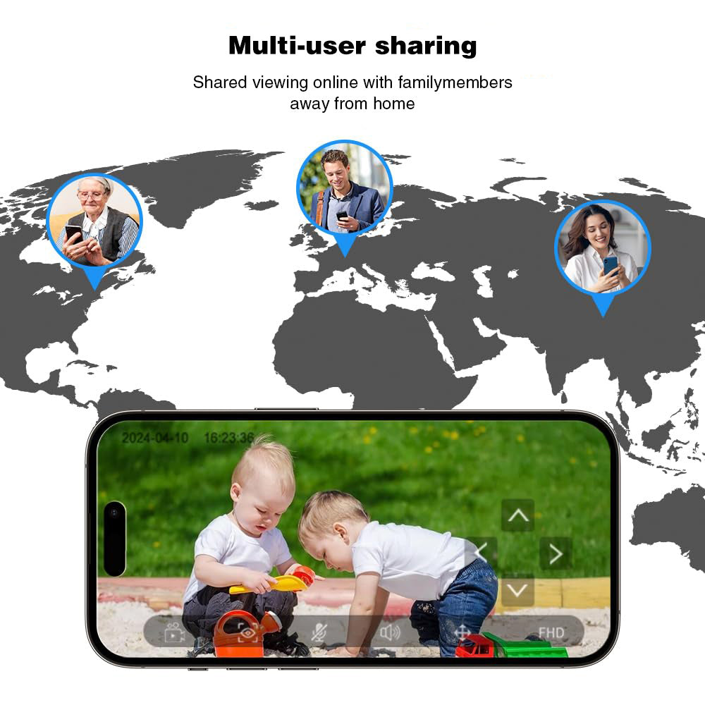 World map illustration showing family members accessing the camera feed from different locations.