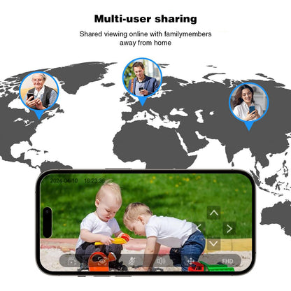World map illustration showing family members accessing the camera feed from different locations.