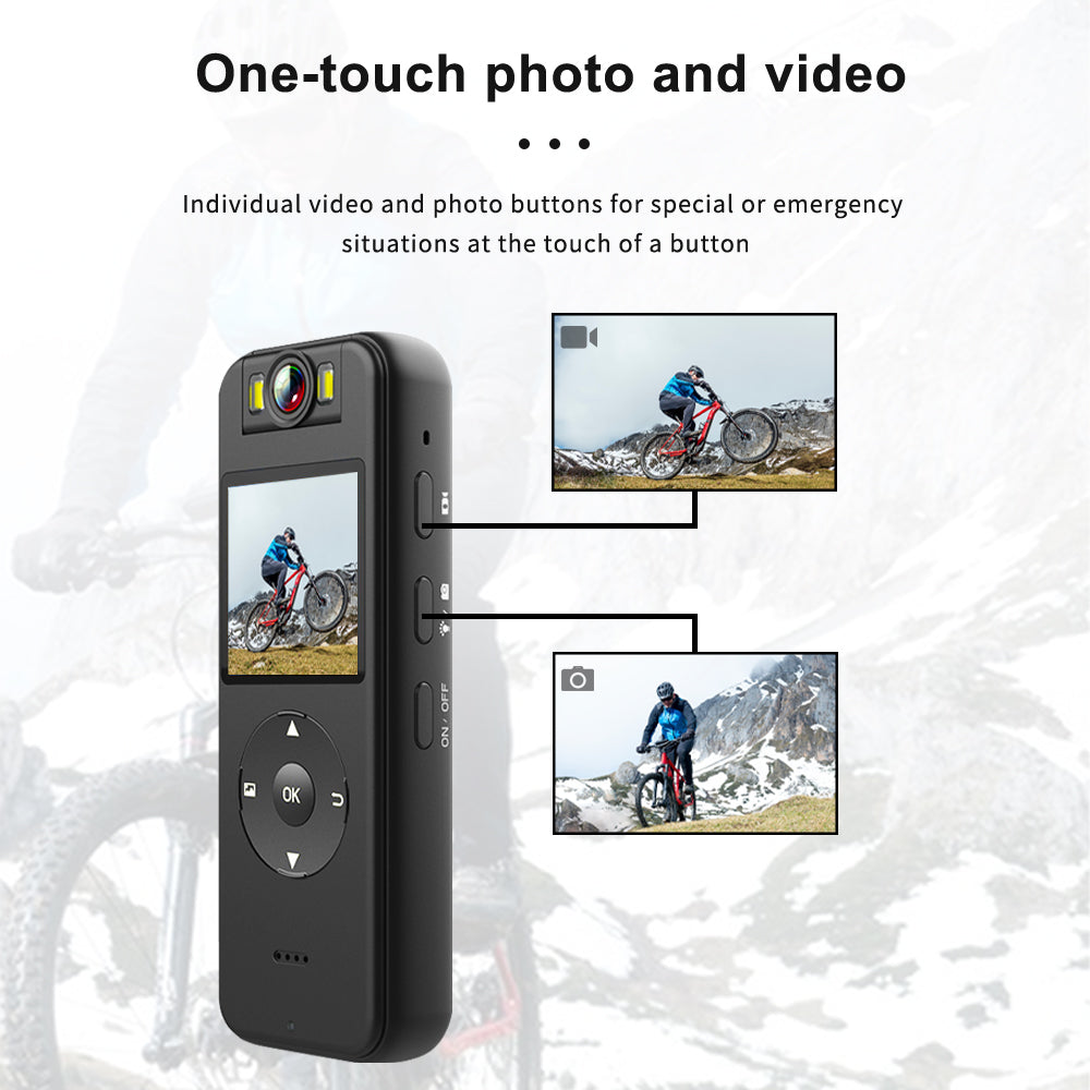 Tactical body camera with independent one-touch photo and video buttons for quick emergency recording during mountain biking or security patrols.