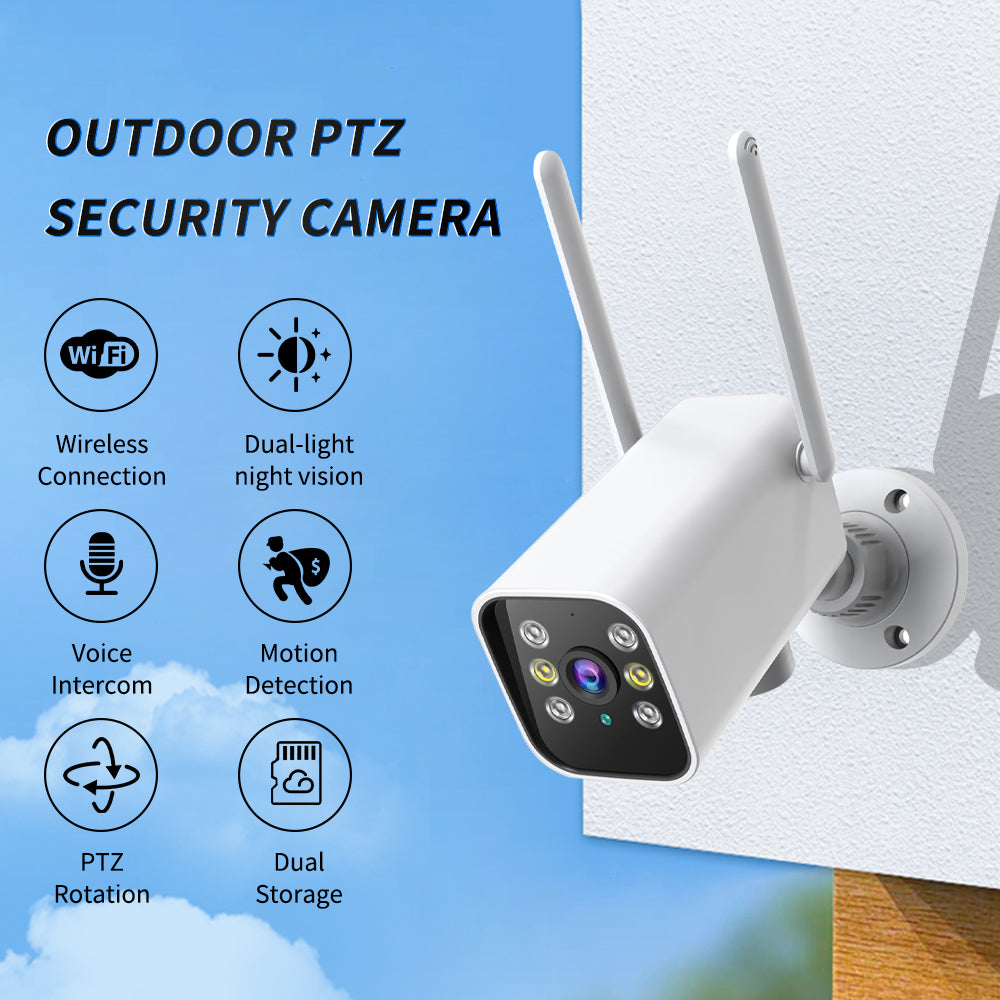 All-in-one outdoor PTZ security camera with wireless connection, two-way audio, motion detection, and night vision features.