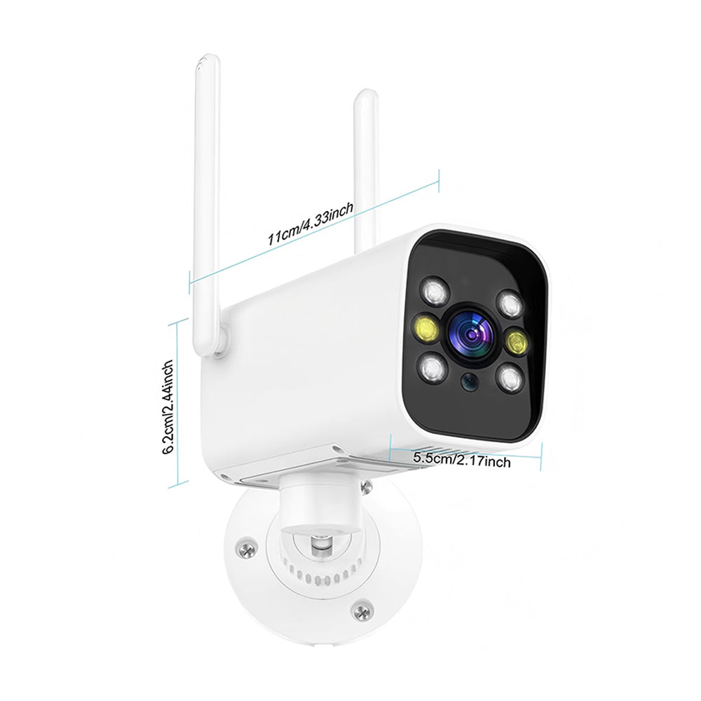 Close-up of the outdoor WiFi PTZ camera with precise measurement lines indicating dimensions in centimeters and inches for mounting clearance.