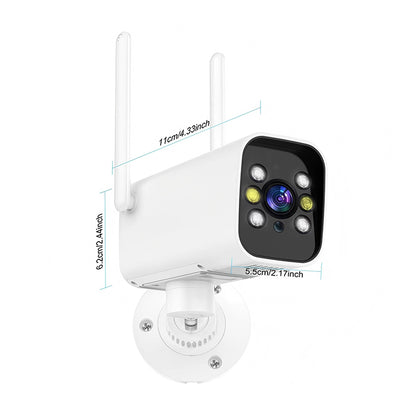 Close-up of the outdoor WiFi PTZ camera with precise measurement lines indicating dimensions in centimeters and inches for mounting clearance.