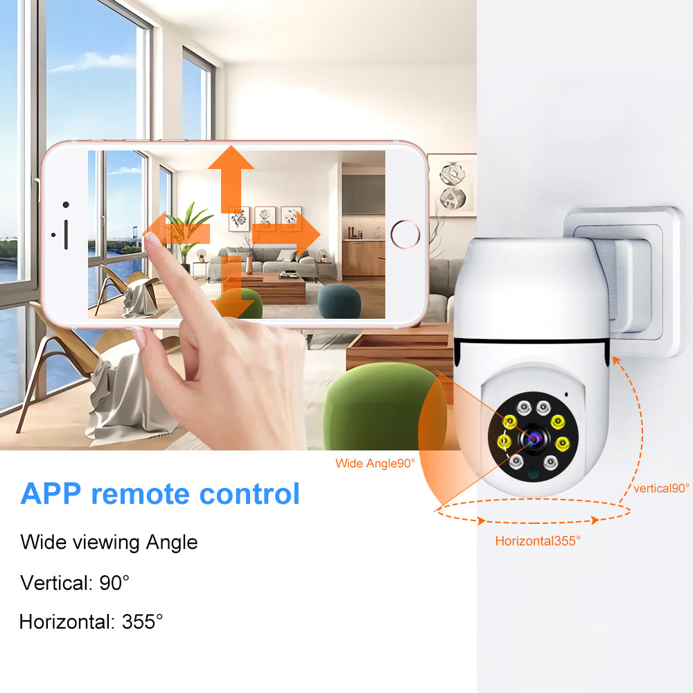 Mobile app interface showing 355-degree horizontal and 90-degree vertical pan-tilt control.