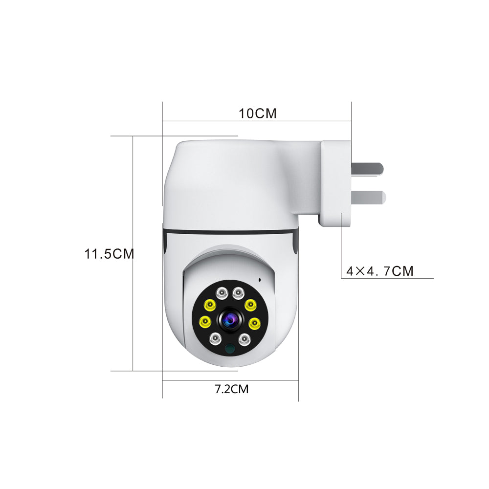 Technical dimensions chart for the socket security camera showing height of 11.5cm and width of 7.2cm.