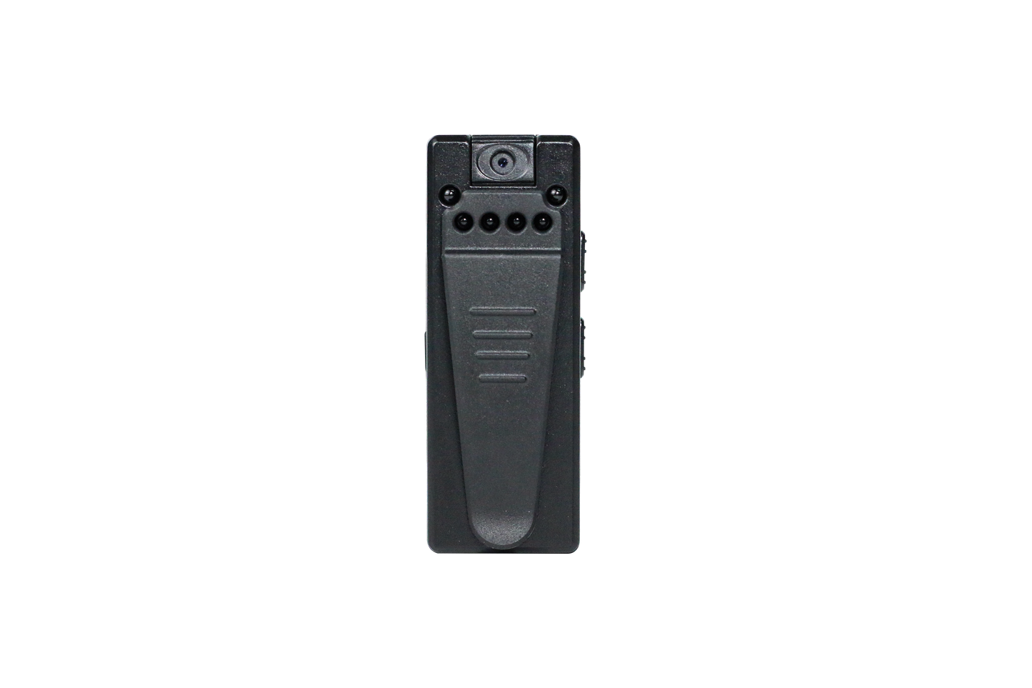 Front-facing view of the compact 1080p body camera with a heavy-duty mounting clip for vests and belts.