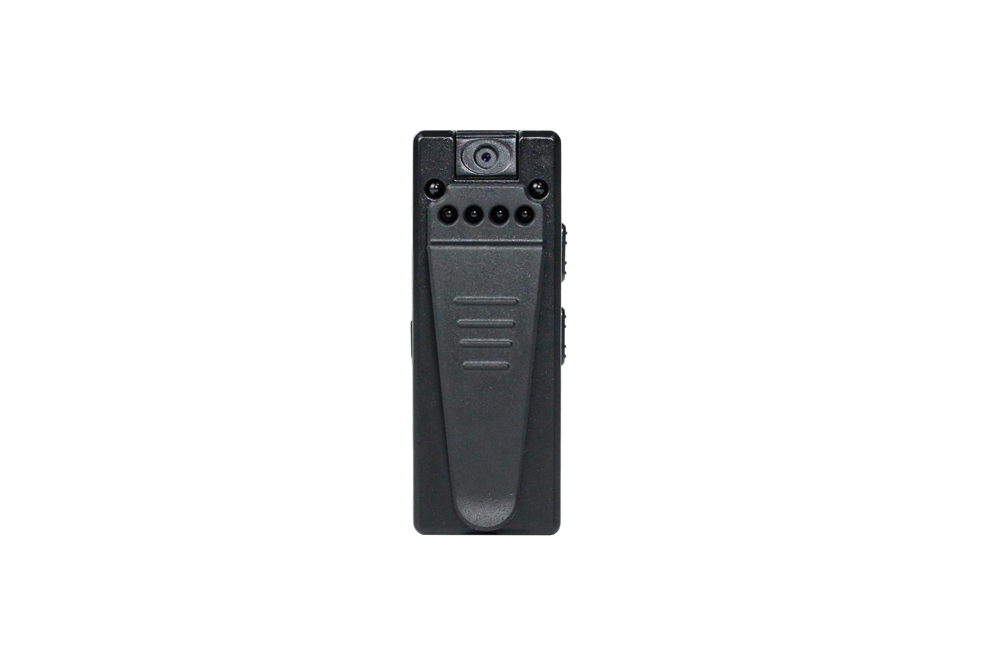 Front-facing view of the compact 1080p body camera with a heavy-duty mounting clip for vests and belts.