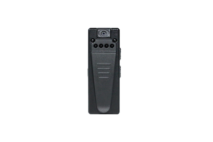 Front-facing view of the compact 1080p body camera with a heavy-duty mounting clip for vests and belts.