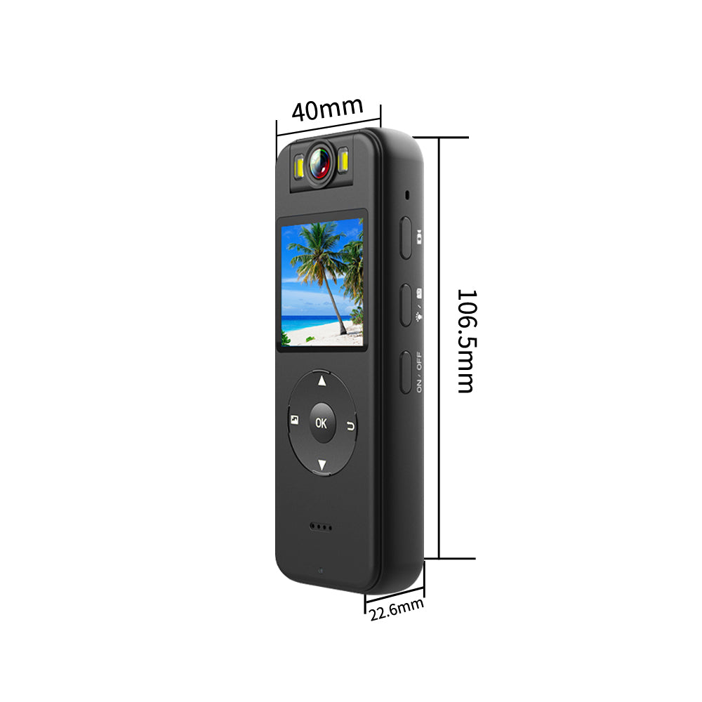 Size specifications for the Tactical Outland Pro body camera showing a compact, pocket-sized design measuring 106.5mm by 40mm.
