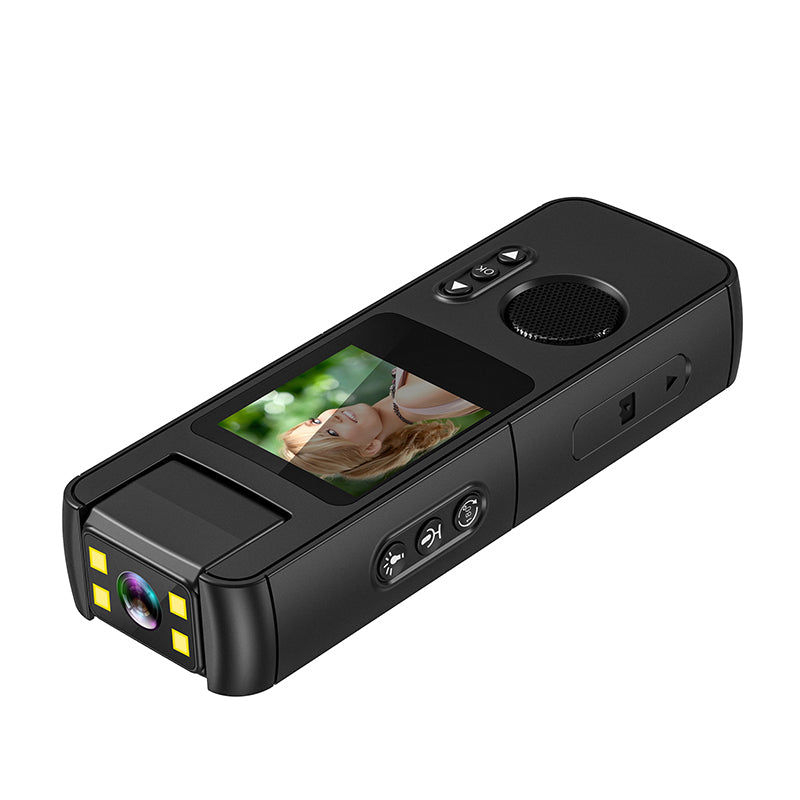 Portable body-worn camera featuring built-in night vision LED lights and LCD display.