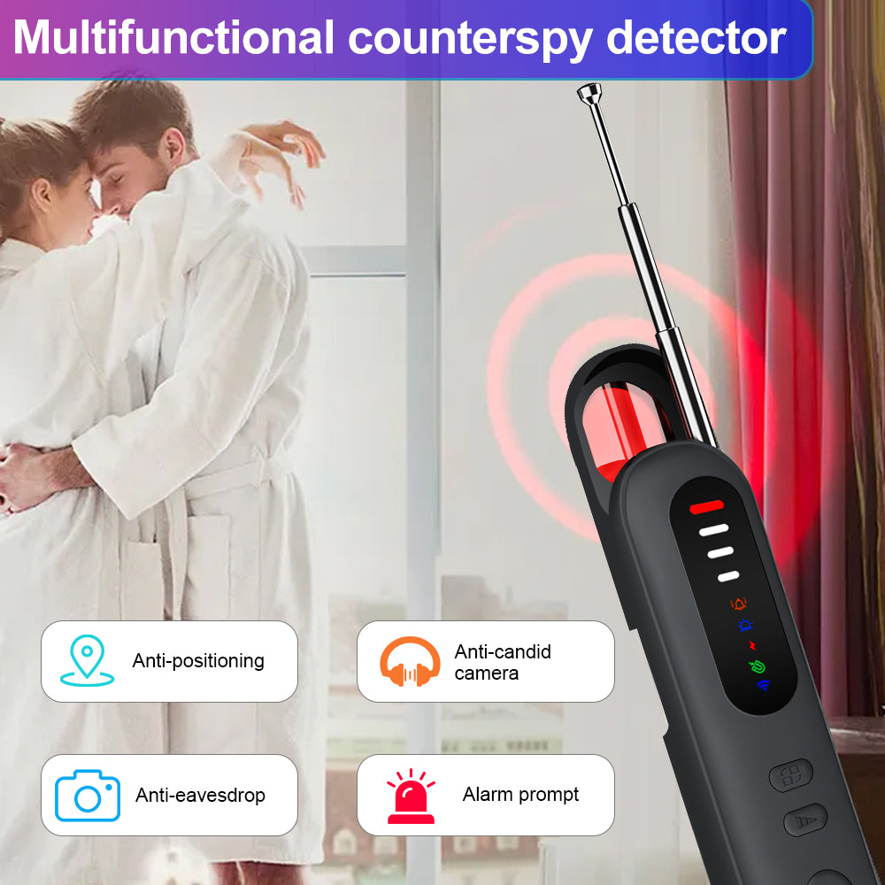 Portable counterspy detector protecting privacy with anti-positioning, anti-candid camera, and alarm prompt functions.