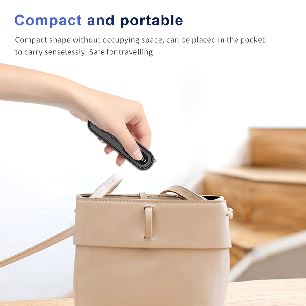 Ultra-portable and compact hidden camera detector being placed in a handbag for safe travel.