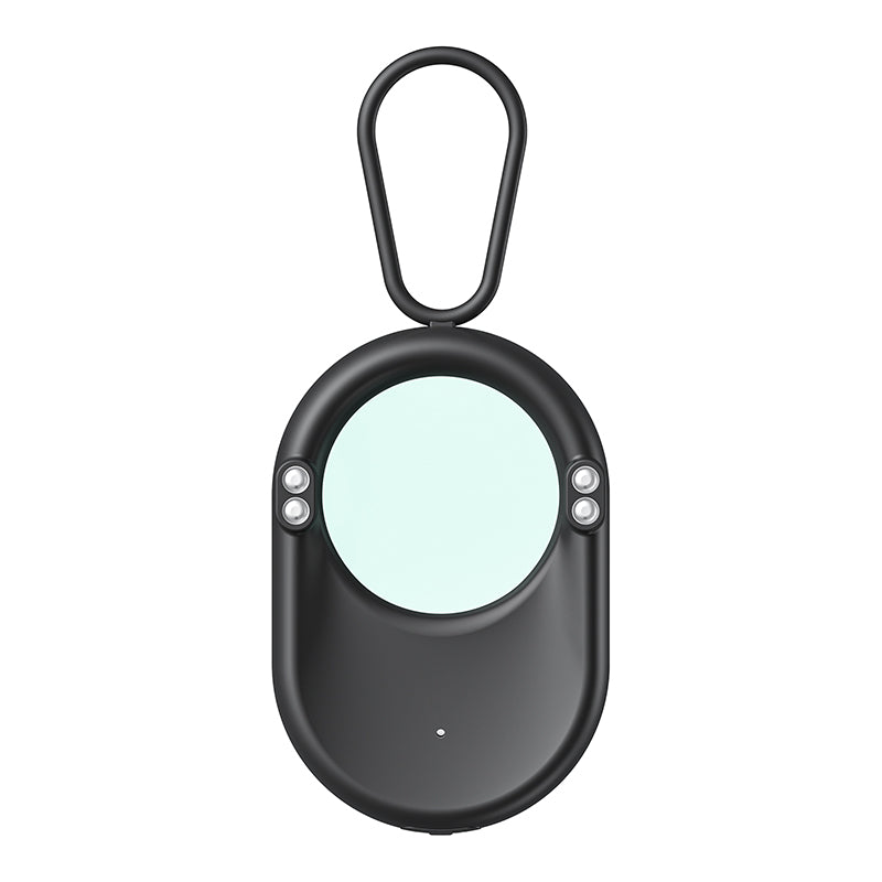 Front view of a black portable spy camera detector showing the infrared filter lens and LED sensors.