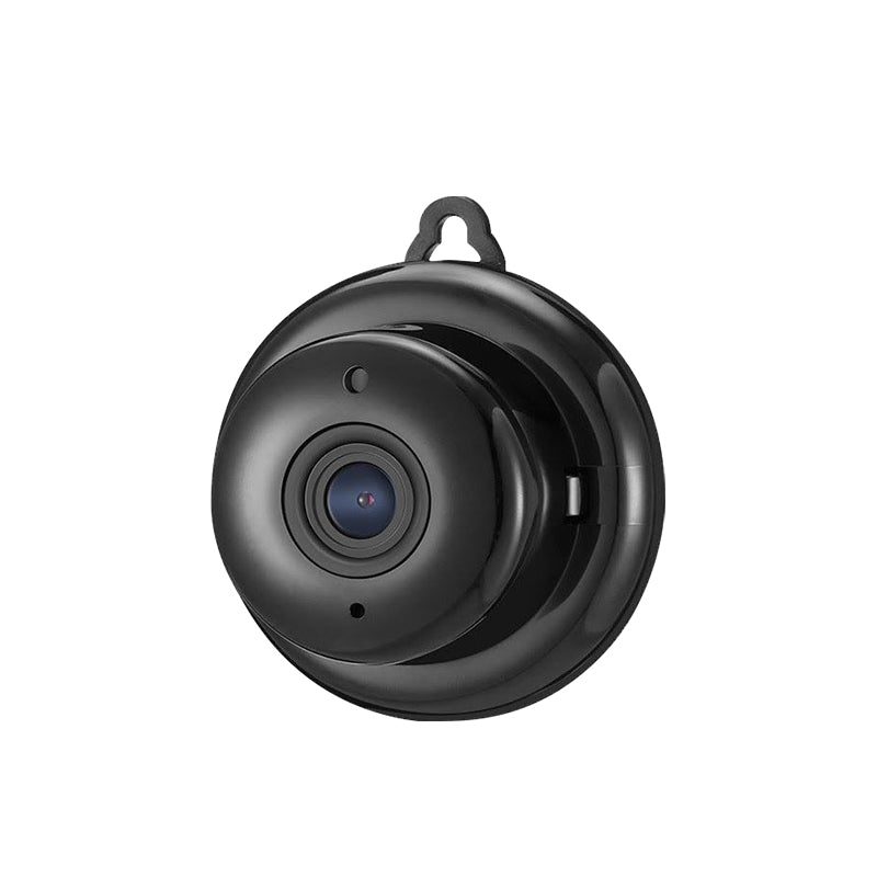 Compact black WiFi security camera for discreet indoor home surveillance and office safety.