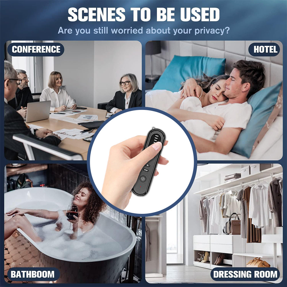 Real-world usage scenarios for camera detectors including conferences, hotels, bathrooms, and dressing rooms.