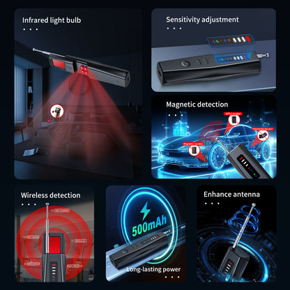 Comprehensive features of the Tactical Outland bug sweeper including 500mAh battery life, enhanced retractable antenna, and sensitivity adjustment.