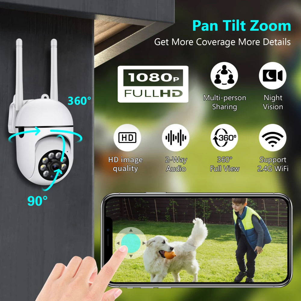 Smartphone app interface showing 360-degree horizontal and 90-degree vertical Pan-Tilt-Zoom (PTZ) controls for total property coverage.