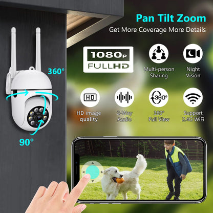 Smartphone app interface showing 360-degree horizontal and 90-degree vertical Pan-Tilt-Zoom (PTZ) controls for total property coverage.