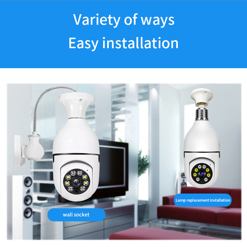 360-degree PTZ bulb security camera monitoring a living room via smartphone app.