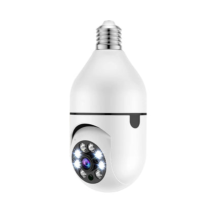 Side view of the wireless light bulb security camera showing the PTZ motor and dual-lens design.