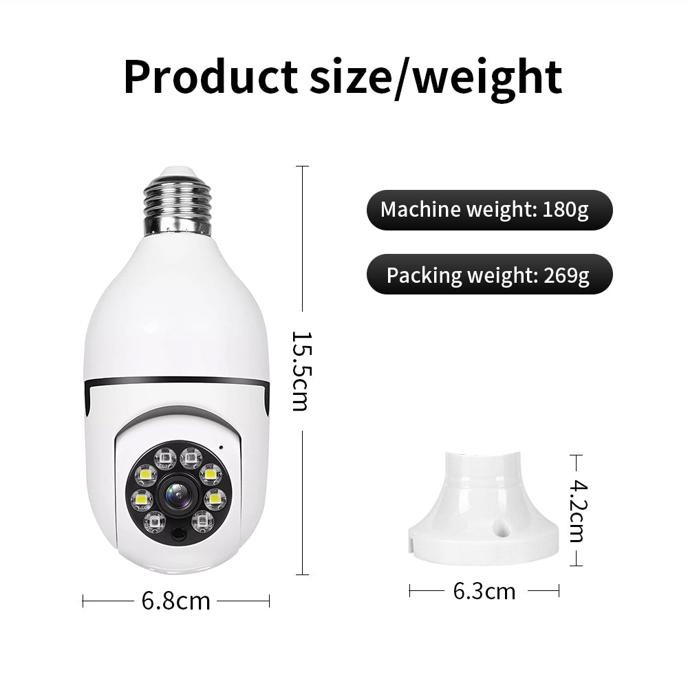 High-quality studio shot of the white smart PTZ light bulb camera with dual light source.